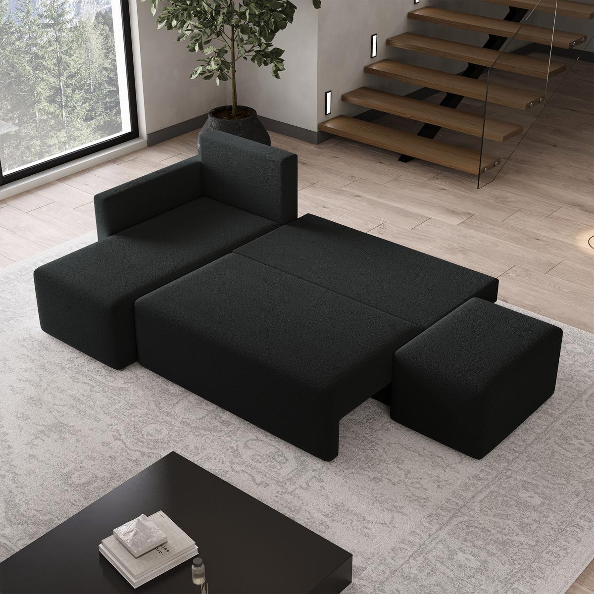 ECKSOFA VELOTTI L-S Schwarz Boucle-Stoff mit Schlaffunktion - Schwarz, Holz (261/143cm) - MASSENO