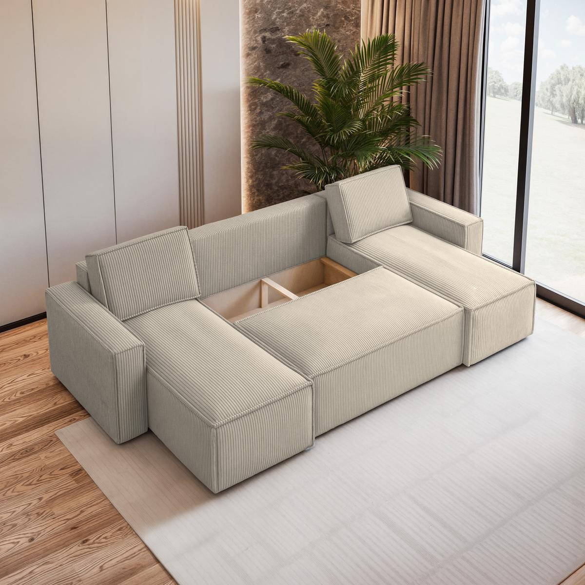 WOHNLANDSCHAFT PESANO P Creme Kordstoff mit Schlaffunktion - Creme/Grau, Holz/Kunststoff (306/85/140cm) - MASSENO