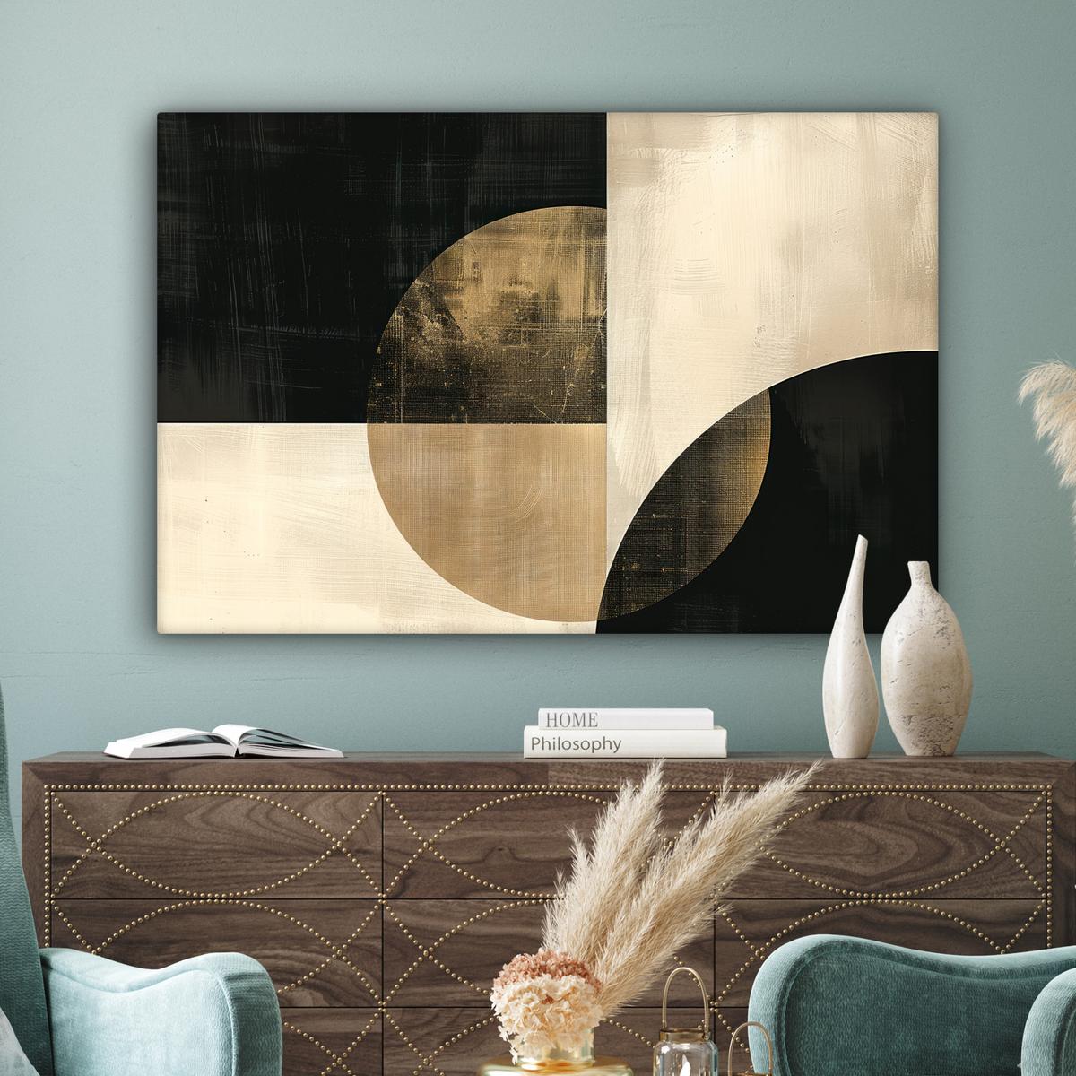 LEINWANDBILD Abstrakt - Geometrische Formen - Schwarz - Gold Groß 140x90 cm - Ecru, Textil (140/90cm) - MuchoWow