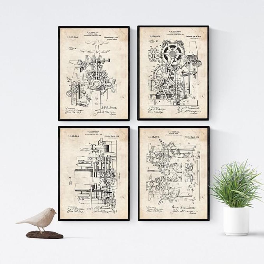 POSTER Set mit 4 Jahrgang Druckerei Patent A4 Schwarzer Rahmen - Schwarz, Papier (29.7/3cm) - Nacnic
