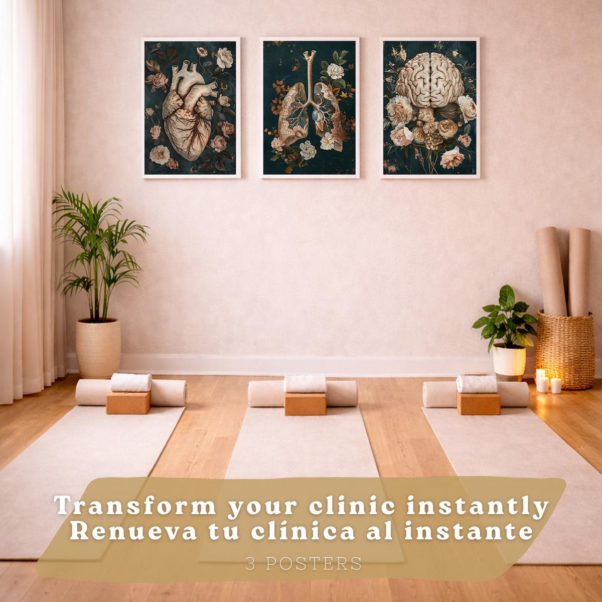 POSTER Set aus 3 Anatomie Drucke und Dekorative Wandbilder mit Herz Gehirn Lungen Atmungssystem Florales Grün Gold Design Größe Weißer Rahmen A4 - Weiß, Papier (21/29.7/3cm) - Nacnic