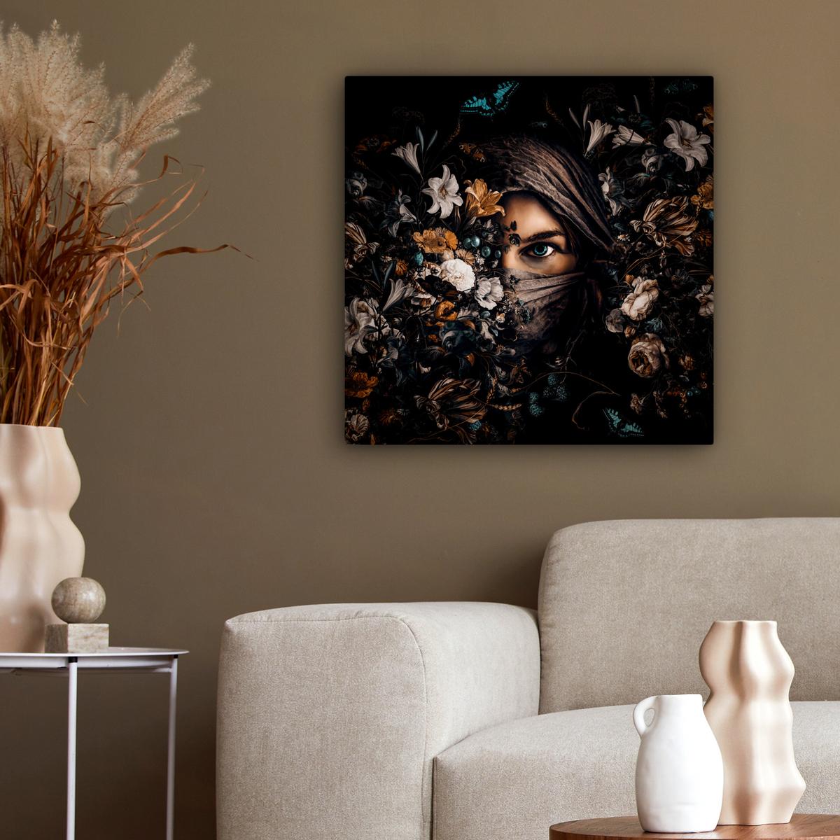 LEINWANDBILD Frau - Luxus - Blumen - Schmetterling - Porträt Wandbild Wohnzimmer 50x50 cm - Schwarz, Textil (50/50cm) - MuchoWow