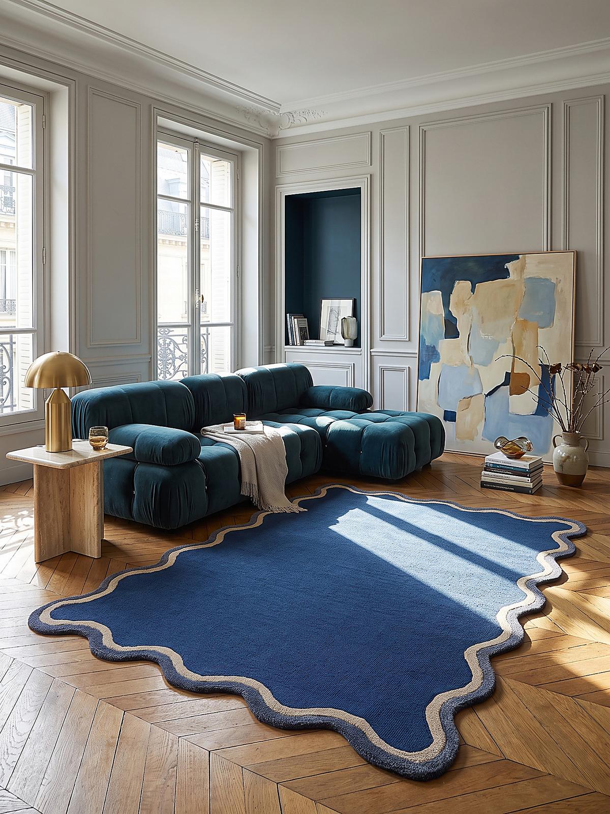 TEPPICH aus Wolle, handgetuftet, ALHAM, in Marineblau, Wellenbordüre, 160 x 230 cm - Blau, Textil (160/230cm) - KADIMA DESIGN