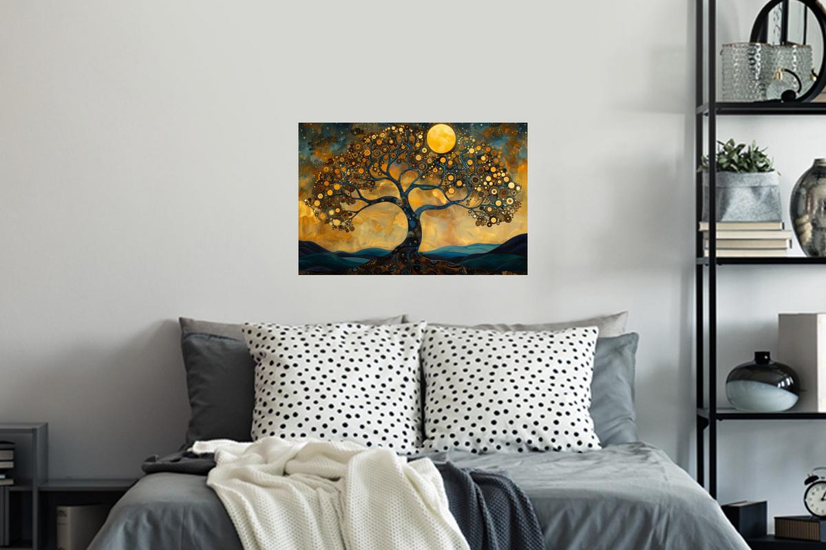 WANDTATTOO Baum - Mond - Blumen - Gold - Kunst Deko Wohnzimmer 60x40 cm - Orange, Kunststoff (60/40/0.1cm) - MuchoWow