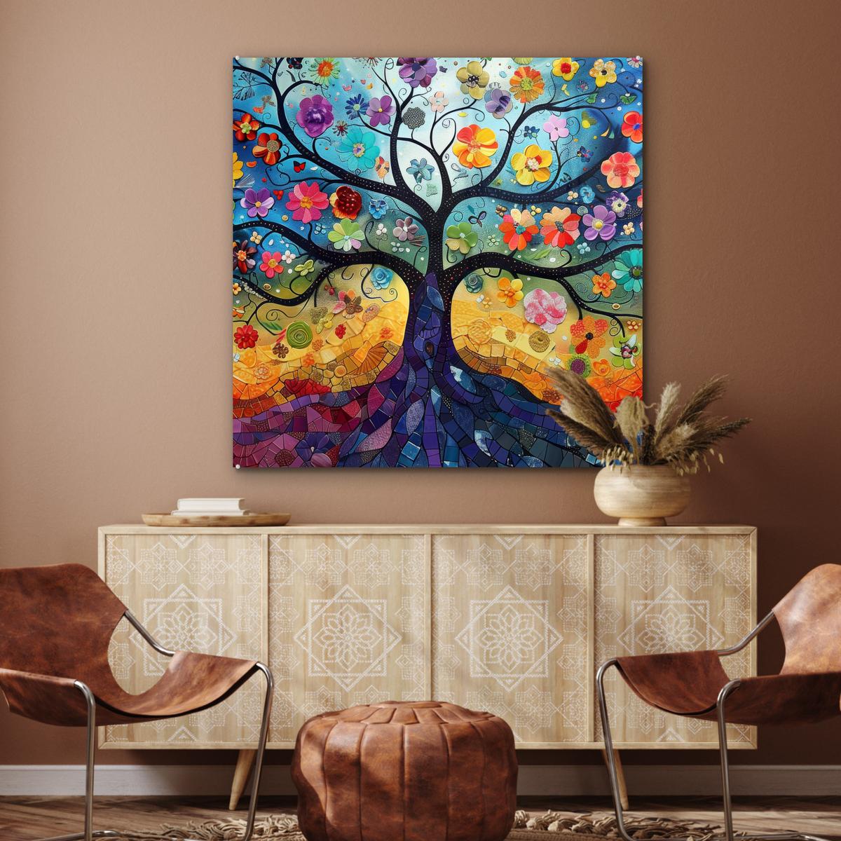 ACRYLGLASBILD Kunst - Baum des Lebens - Blumen - Hippie 90x90 cm - Dunkelblau, Glas (90/90cm) - MuchoWow
