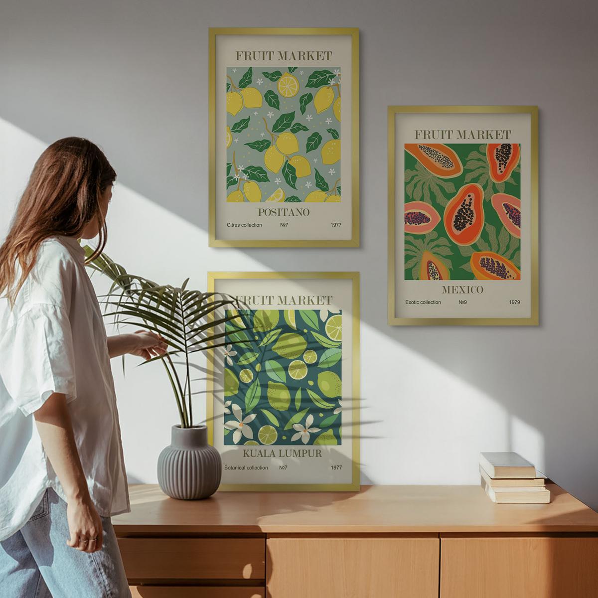 BILDER SET 3er Set - 40x60 cm Goldrahmen - Fruchtige Zitronen- und Papayamuster - Goldfarben, Kunststoff (40/60cm) - TULUP