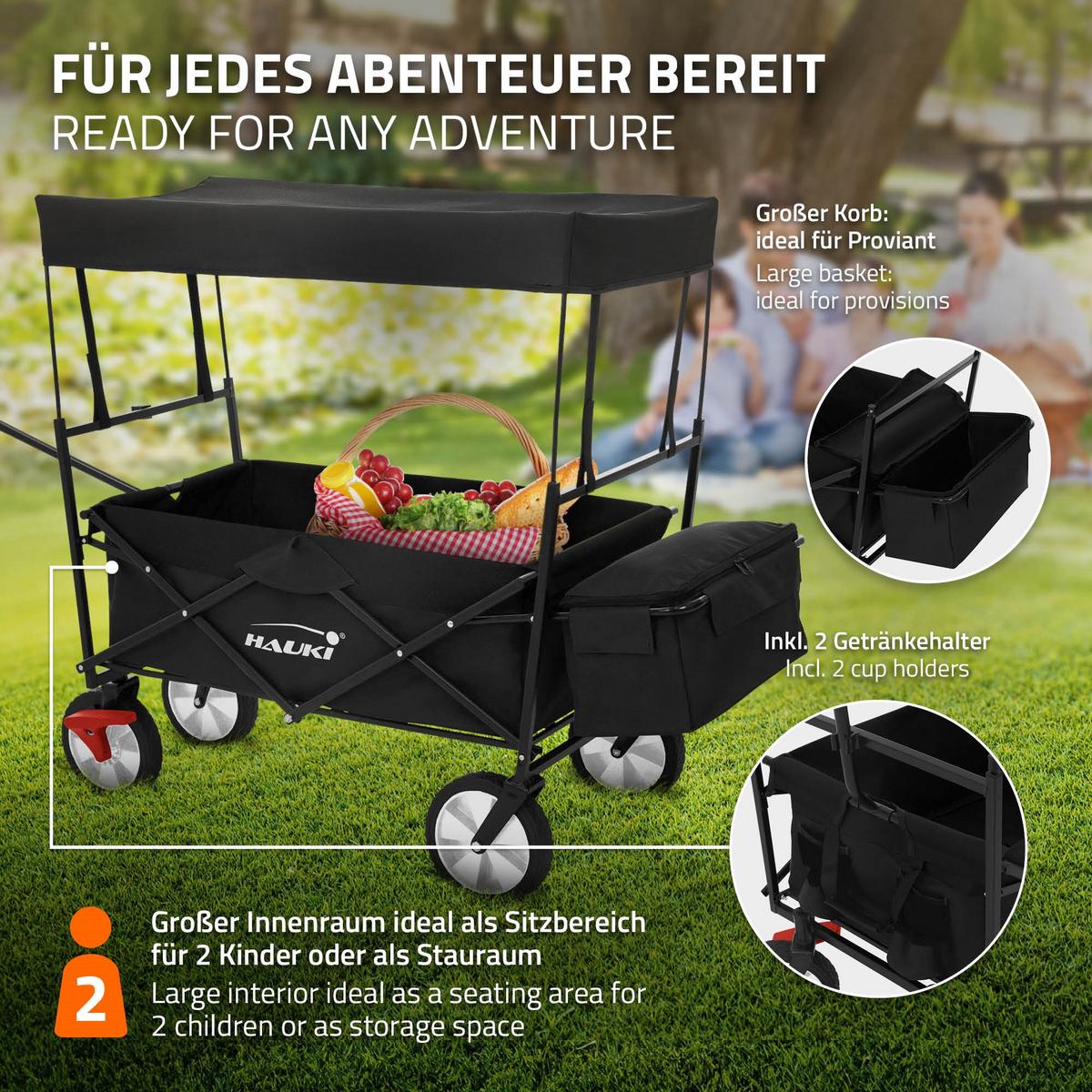 BOLLERWAGEN faltbar mit Dach L Schwarz Handwagen für Kinder Strand Picknick - Schwarz, Metall (53/104/170cm) - Hauki