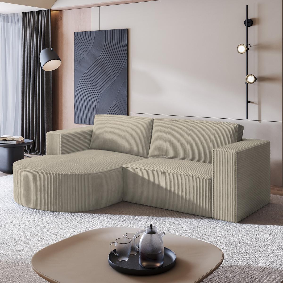 ECKSOFA SORELA P L-S Beige Kordstoff mit Schlaffunktion - Beige, Holz (263/174cm) - MASSENO