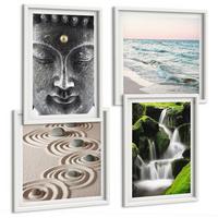 BILDER SET 4er Set - 50x50 cm & 40x60 cm Weißer Rahmen - Der Frieden der Natur mit Buddha - Weiß, Kunststoff (50/50cm) - TULUP