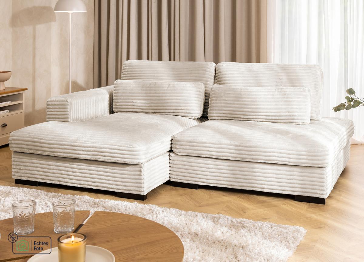 ECKSOFA Wolke mit tiefer Sitzfläche, Schlaffunktion und praktischem Bettkasten aus weichem Creme Cordstoff - Creme/Schwarz, Holz/Kunststoff (162/225cm) - S-Style