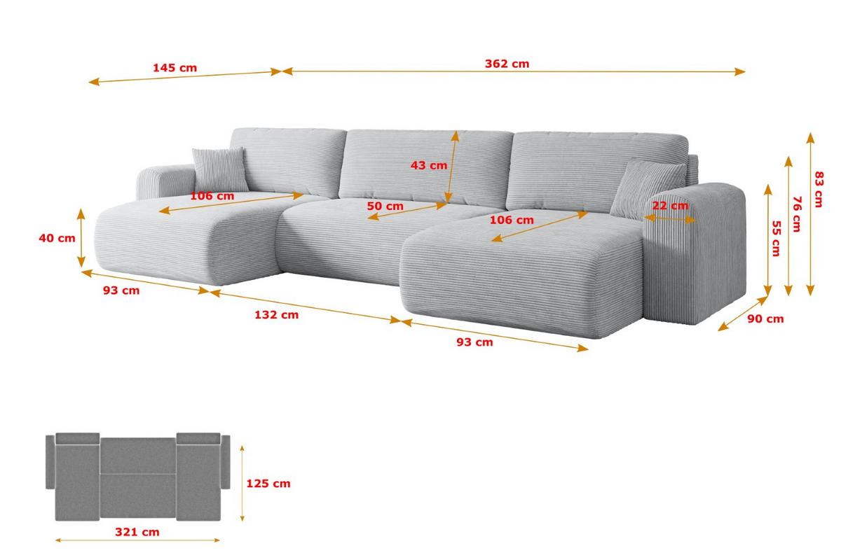 WOHNLANDSCHAFT mit Schlaffunktion und Bettkasten ORRO-U - 362x145x83 cm Grau Cord - Schwarz/Grau, Holzwerkstoff/Kunststoff (362/83/145cm) - ALTDECOR