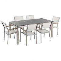 GARTENMÖBEL SET 6-Sitzer Naturstein schwarz poliert Textilbespannung weiß Grosseto - Silberfarben/Schwarz, Metall - Beliani