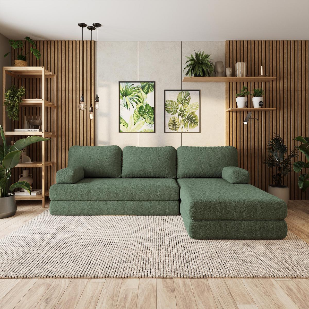 ECKSOFA LEA modulares Boneless Sofa mit Schlaffunktion Grün Boucle-Stoff - Grün, Textil (270/160cm) - MASSENO