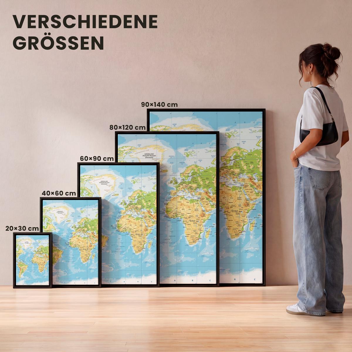 LEINWAND Bilder mit Rahmen - Weltkarte - Statistisch - Blau - Erde - Bildung - 80x120 - Blau, Textil (80/120cm) - MuchoWow
