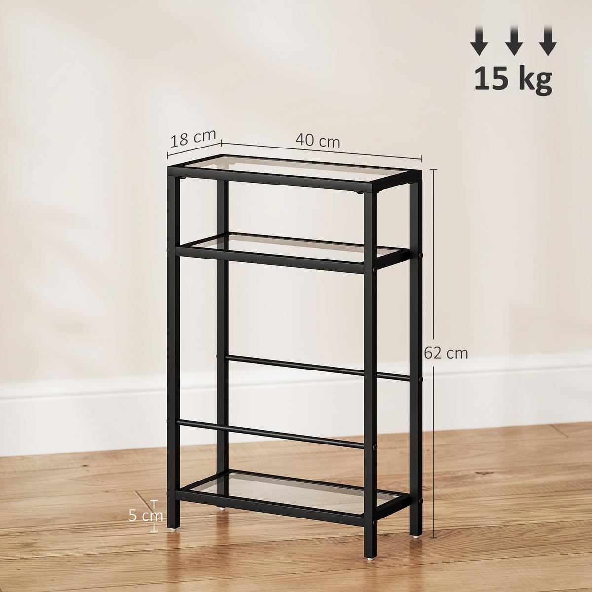 BEISTELLTISCH kleiner Couchtisch mit 3 Ebenen, Tischplatte aus Hartglas Schwarz - Schwarz, Metall (40/18/62cm) - HOMCOM