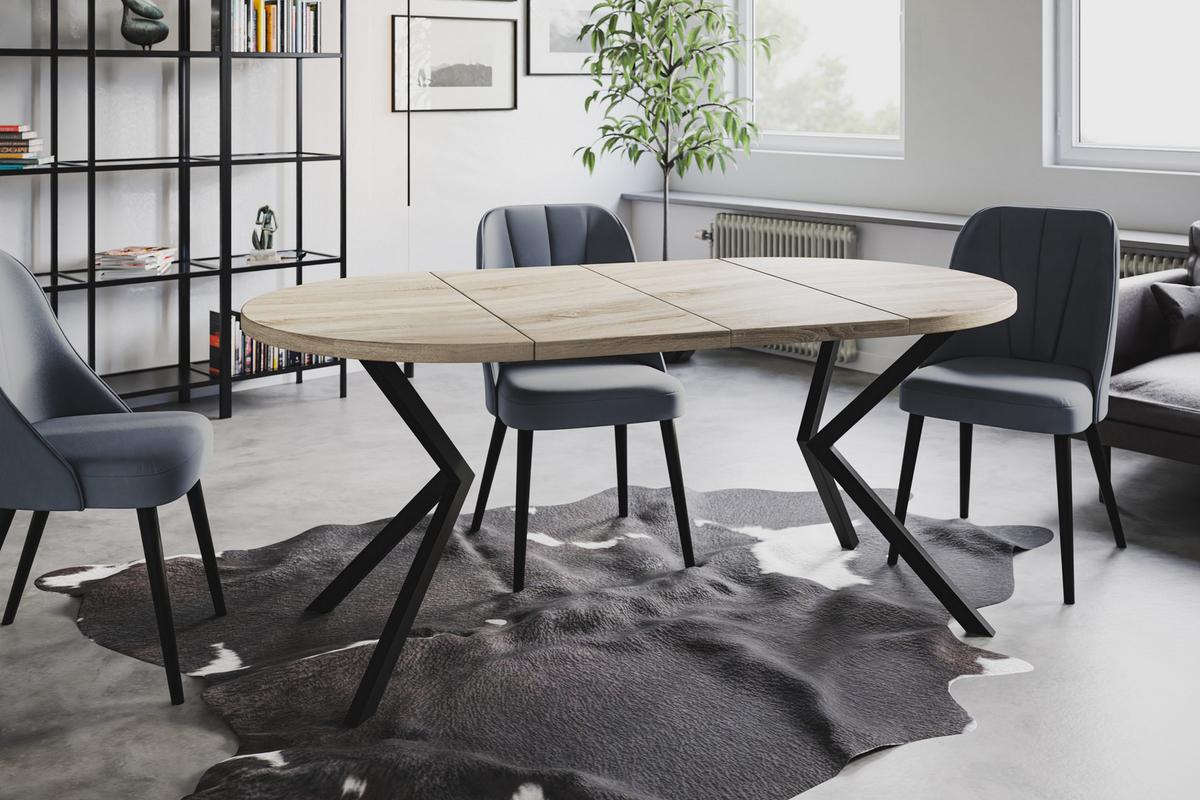 RUNDER Esszimmertisch LOFT LITEN, ausziehbarer Tisch Durchmesser: 90 cm/170 cm, Wohnzimmertisch Farbe: Beige, mit Metallbeinen in Farbe Schwarz - Schwarz/Sonoma Eiche, Holzwerkstoff (90/90/76cm) - Alpi-Möbel