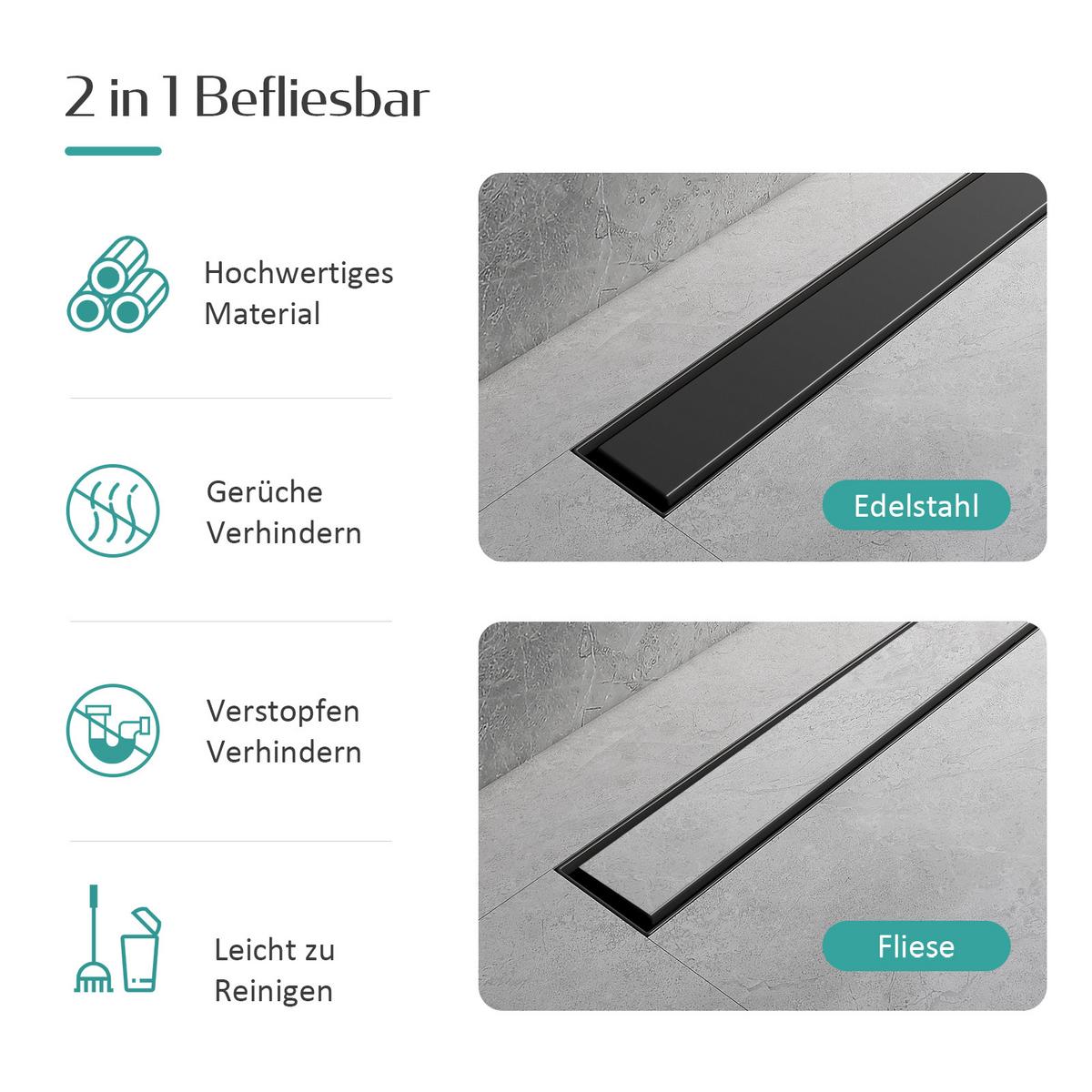 DUSCHRINNE Edelstahl Schwarz 60/11 cm - Schwarz, Metall (11/8/70cm) - EMKE