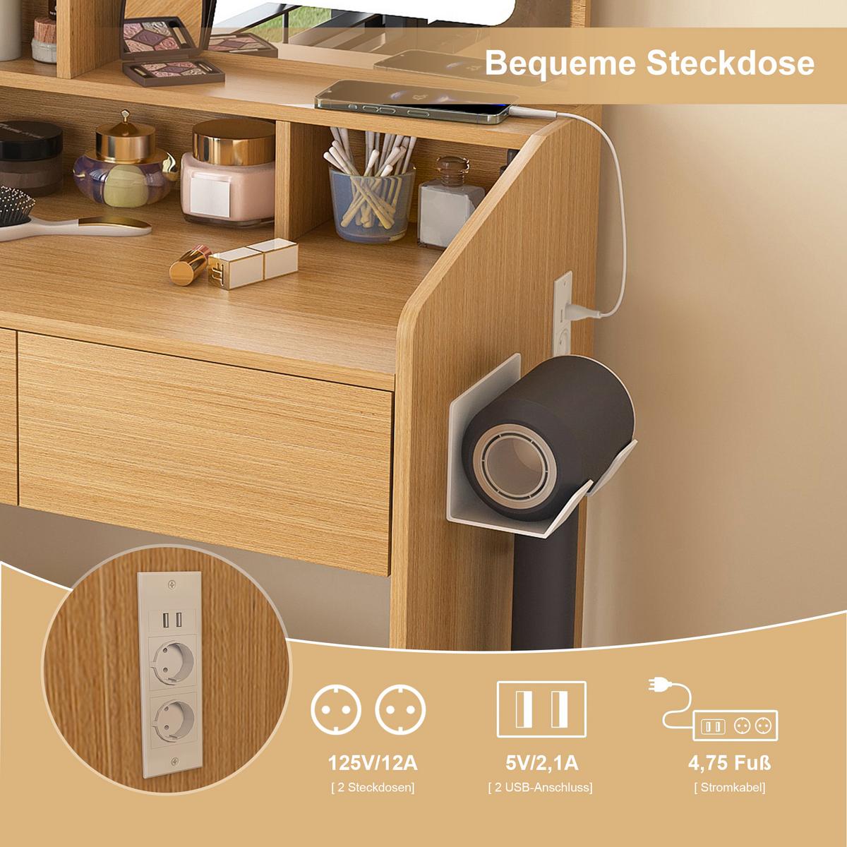 SCHMINKTISCH holzoptik 60 cm mit LED-Spiegel, Steckdose & Hocker - Naturfarben, Holzwerkstoff (60/130/36cm) - Urban Meuble
