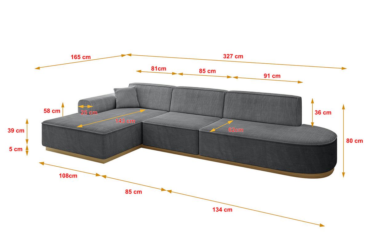 ECKSOFA Ottomane Links IREA-L2-v2 - 327x165x80 cm Duneklgrau - Dunkelgrau, Holzwerkstoff/Textil (327/165cm) - ALTDECOR