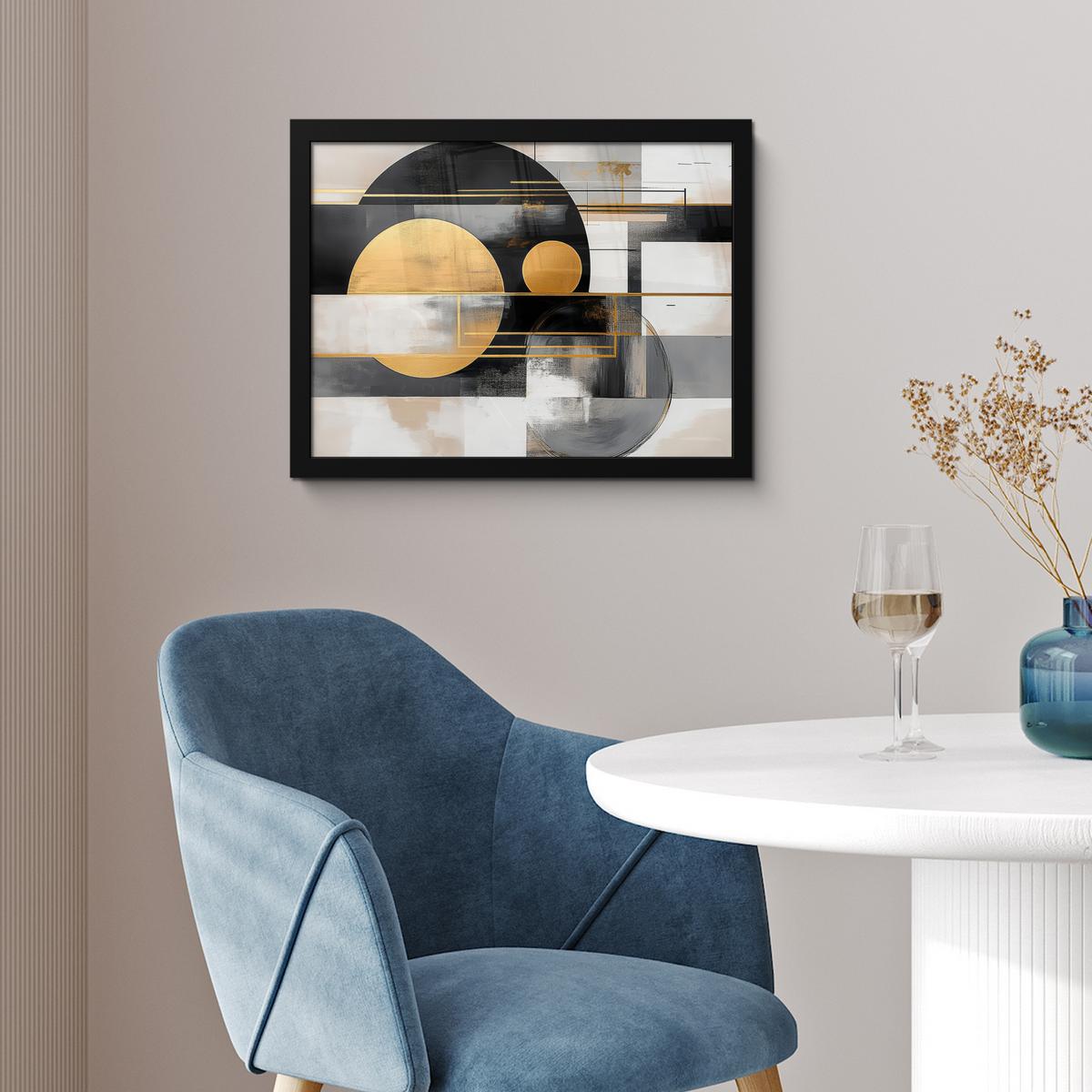 POSTER MIT RAHMENGERAHMTES BILD Abstrakt - Gold - Silber - Formen - Ästhetisch - Modern 40x30 cm - Goldfarben, Papier (40/30cm) - MuchoWow