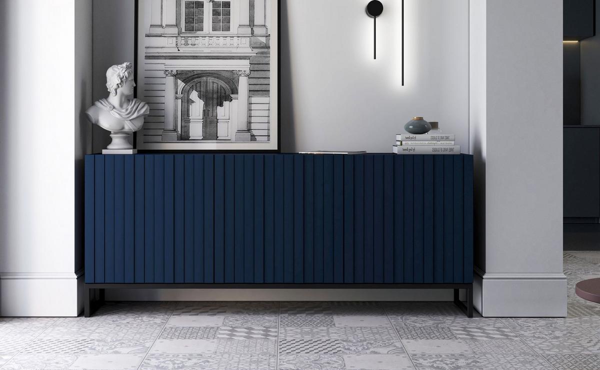 KOMMODE Elpis 3D Marineblau Matt mit metallrahmen Glamour 168 cm - Blau/Schwarz, Holzwerkstoff (168/72/36.5cm) - Meble Lindner