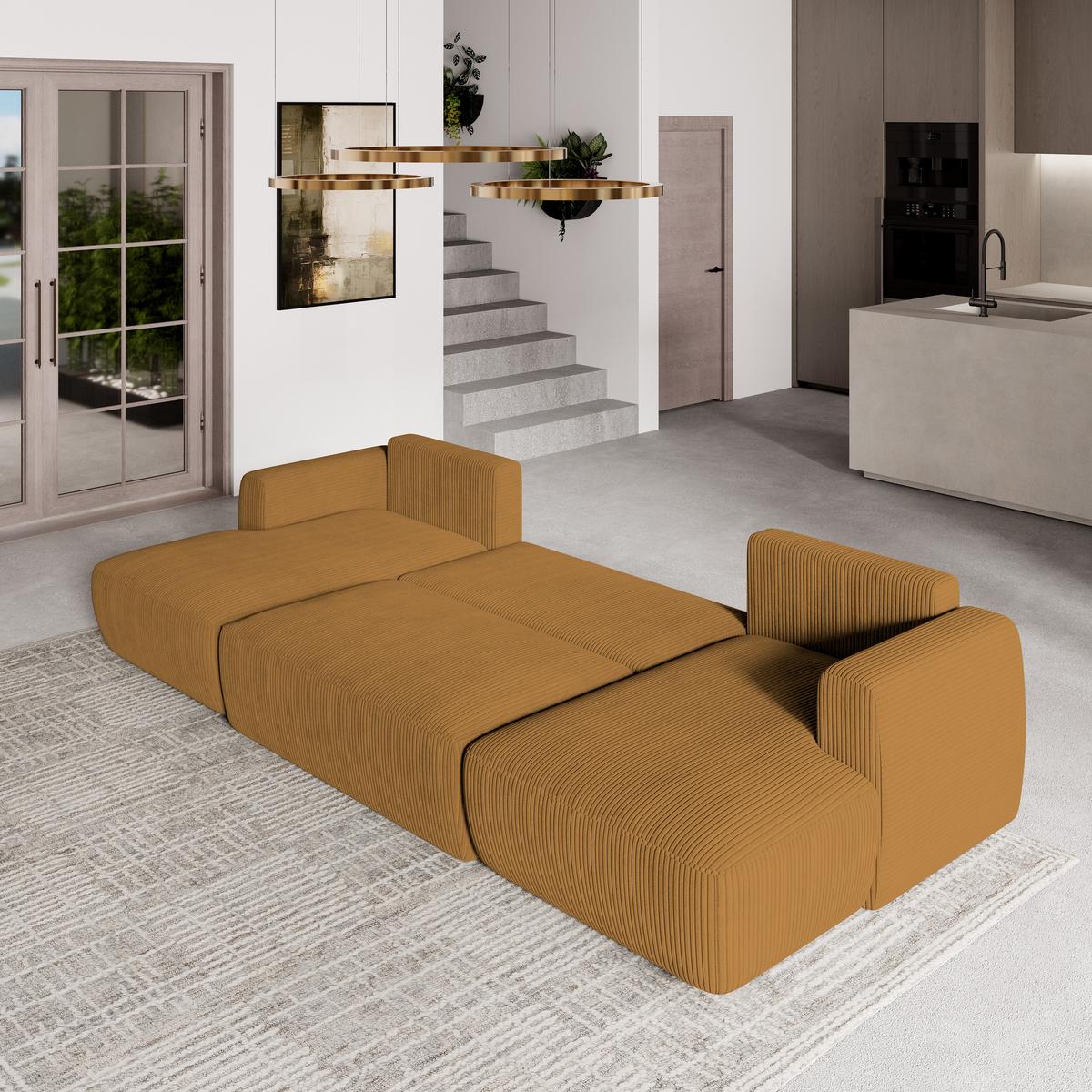 WOHNLANDSCHAFT SENTUM P Gelb Kordstoff mit Schlaffunktion - Gelb/Schwarz, Holz/Kunststoff (330/90/148cm) - MASSENO