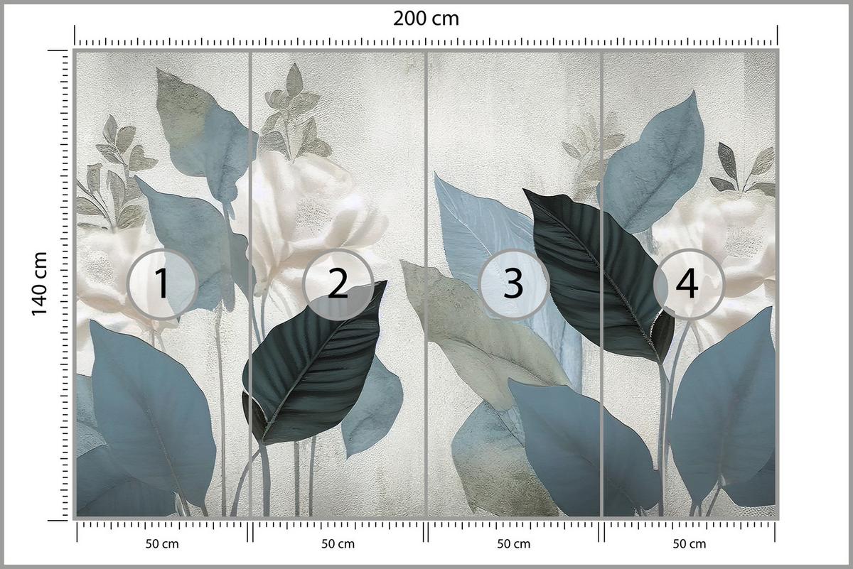 FOTOTAPETE für Wohnzimmer Blaue Blätter Beton Vintage Minimalistisch 200x140 - Grau, Papier (200/140cm) - Muralo