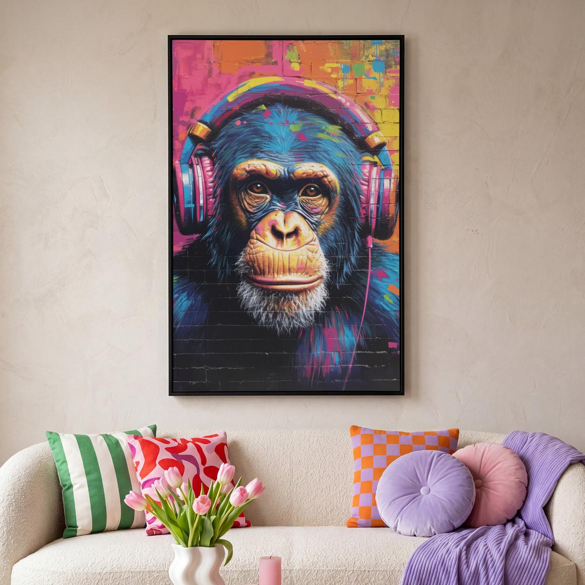 LEINWAND Bilder mit Rahmen - Graffiti - Schimpanse - Straßenkunst - Kopfhörer - Affe - 100x150 - Blau, Textil (100/150cm) - MuchoWow