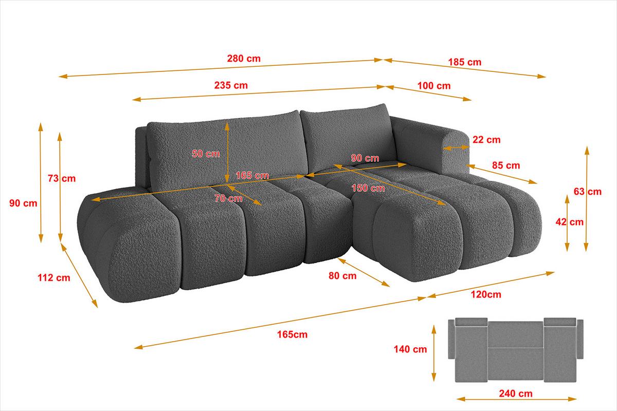 ECKSOFA Ottomane Rechts CLOUD-L 280x185x90 Grau Bouclé - Grau, Holzwerkstoff/Kunststoff (185/280cm) - ALTDECOR