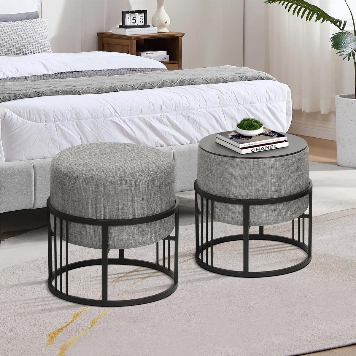 HOCKER-SET 2-TLG. Tas - Hellgrau/Schwarz, Holzwerkstoff/Textil (38/38/38cm) - [en.casa]