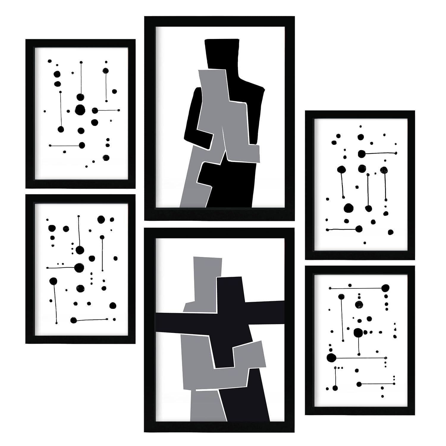 POSTER Set Mit 6 Balck & Weiß In Liebhaber Abstrakt A3 & A4 Schwarzer Rahmen - Schwarz, Papier (29/3cm) - Nacnic