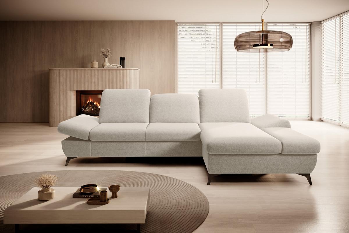 ECKSOFA FELICE R-S Creme Geflochtener Stoff mit Schlaffunktion - Creme, Holz (284/166cm) - MASSENO