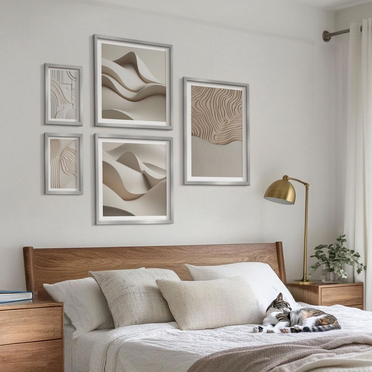 BILDER SET 5er Set - 50x50 cm & 20x30 cm & 40x60 cm Silberner Rahmen - Abstrakte Wellen auf dem Sand - Silberfarben, Kunststoff (40/60cm) - TULUP