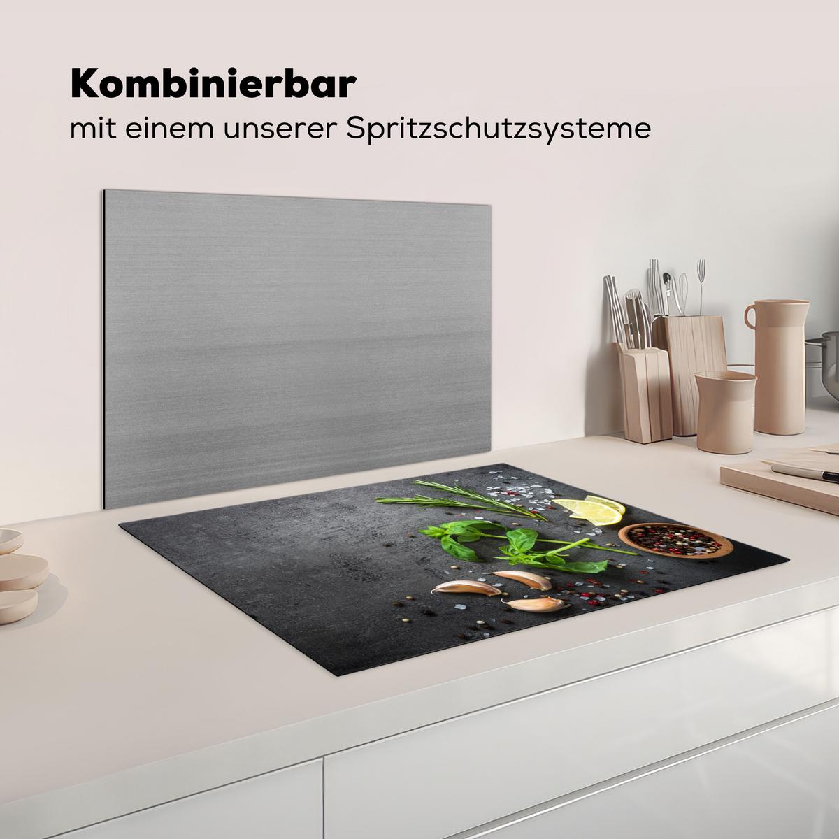 HERDABDECKPLATTE Limette - Kräuter - Gewürze - Grün - Grau - Beton Induktionsmatte 71x52 cm - Grün, Kunststoff (71/52/0.2cm) - MuchoWow