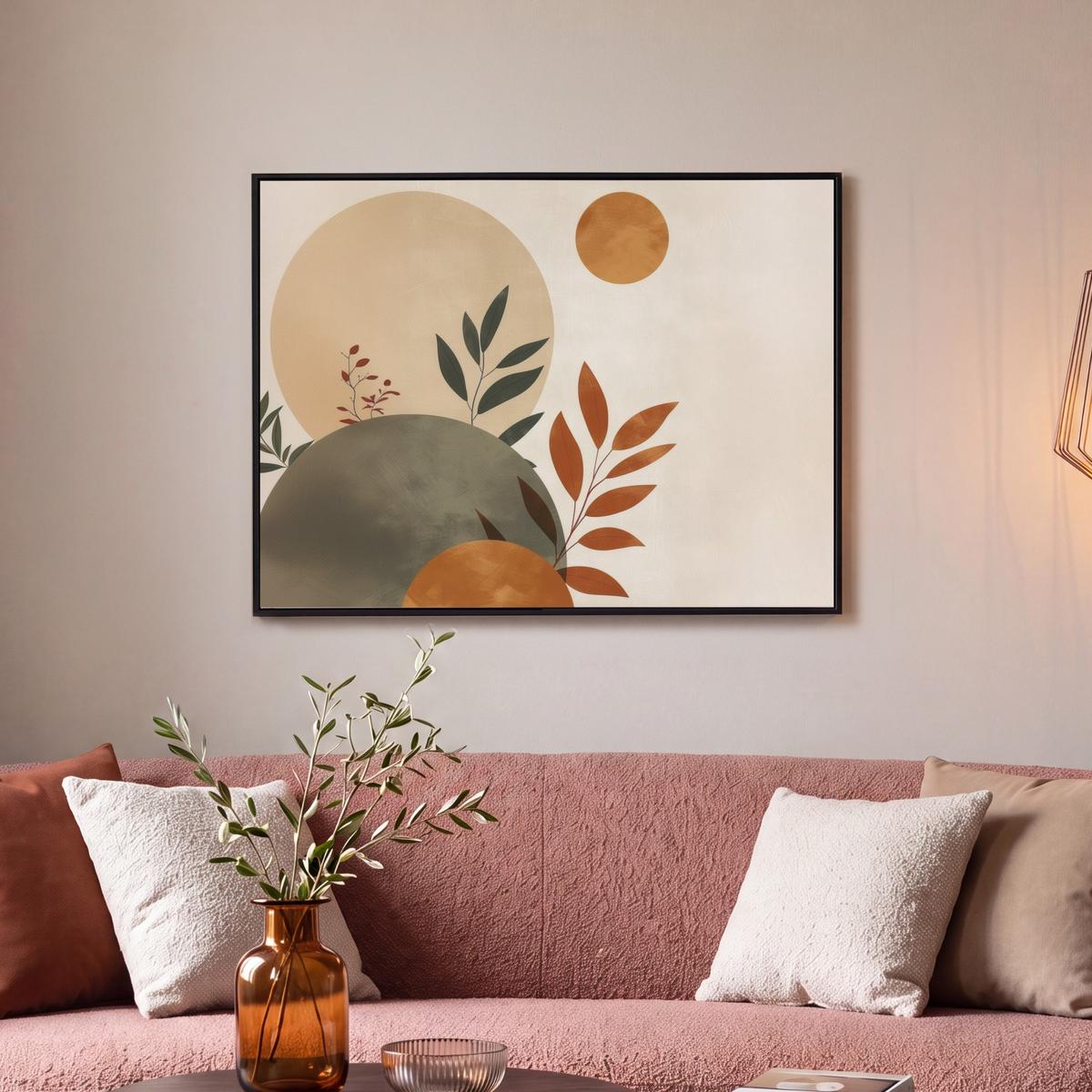 LEINWAND Bilder mit Rahmen - Formen - Rund - Blätter - Beige - 70x50 - Rostfarben, Textil (70/50cm) - MuchoWow