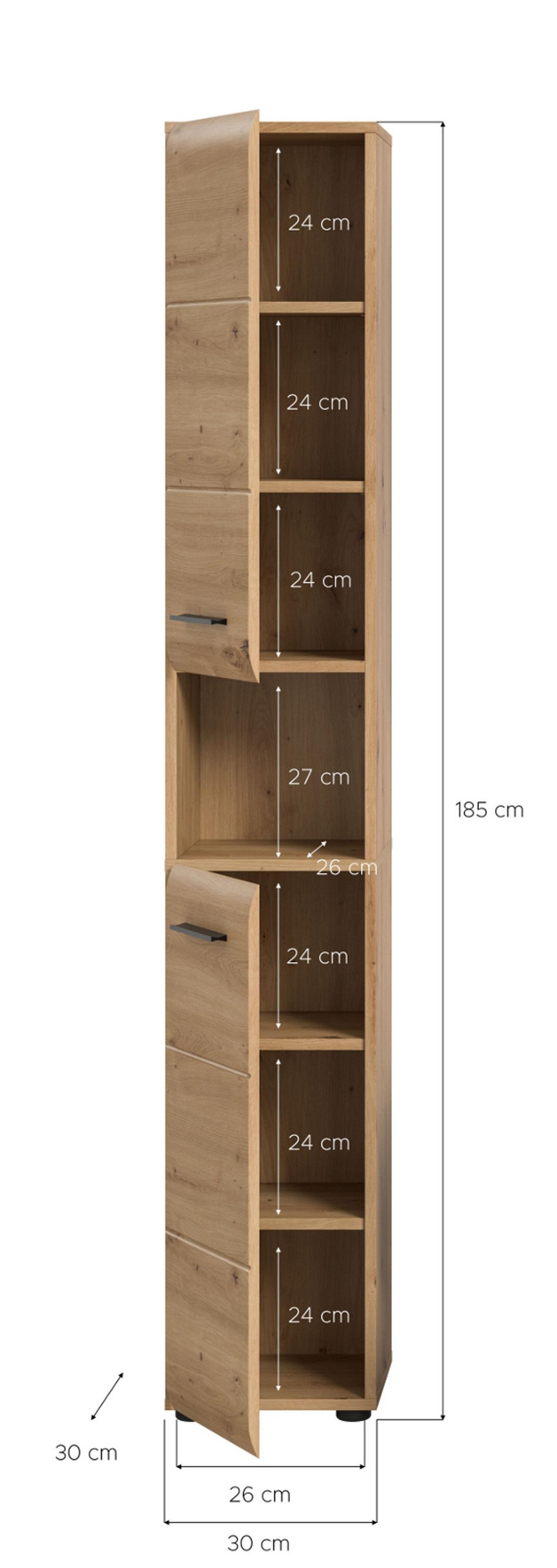 HOCHSCHRANK Eiche Artisan, Badschrank 30 x 185 cm, 7 Fächer, Türanschlag wechselbar - Schwarz/Eiche Artisan, Holzwerkstoff/Kunststoff (30/185/30cm) - Inn.Furn