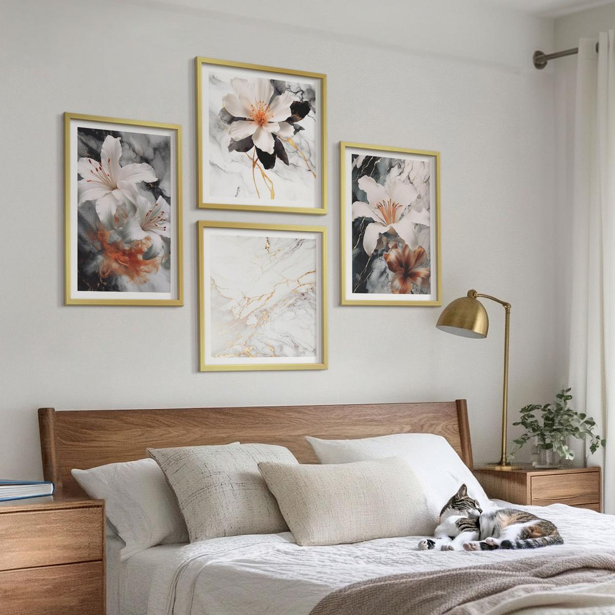 BILDER SET 4er Set - 50x50 cm & 40x60 cm Goldrahmen - Blumen Marmor weiß schwarz - Goldfarben, Kunststoff (50/50cm) - TULUP