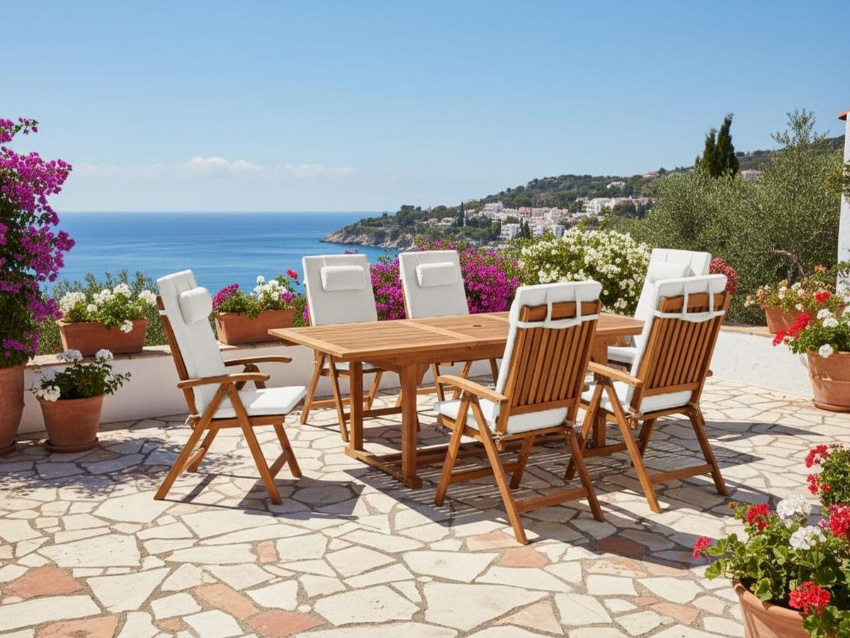 GARTENMÖBEL-SET 6-Sitzer Cremeweiß Akazienholz Java Premium - Hellbraun, Holz - Beliani