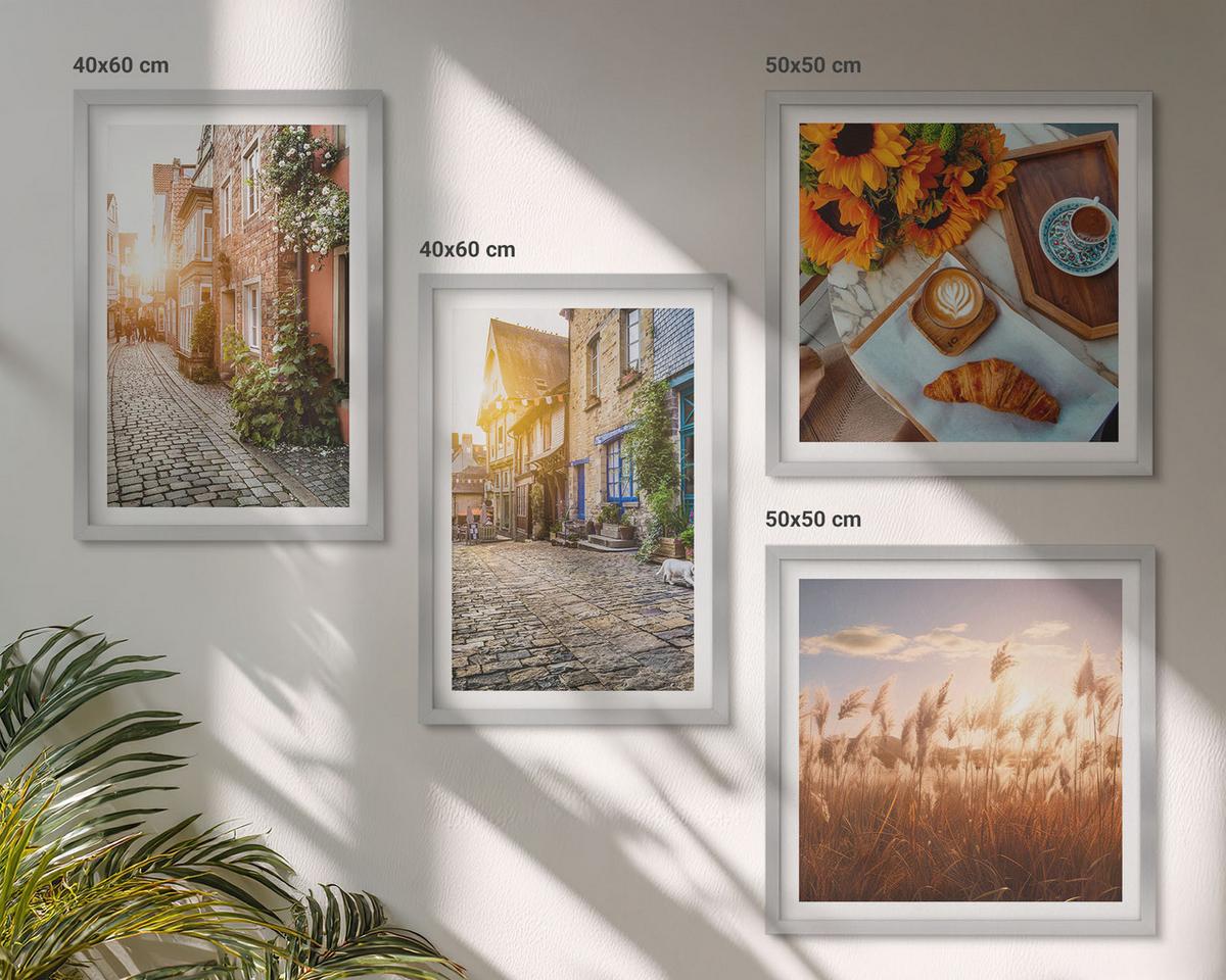 BILDER SET 4er Set - 50x50 cm & 40x60 cm Silberner Rahmen - Charmante Straßen mit Kaffee - Silberfarben, Kunststoff (50/50cm) - TULUP