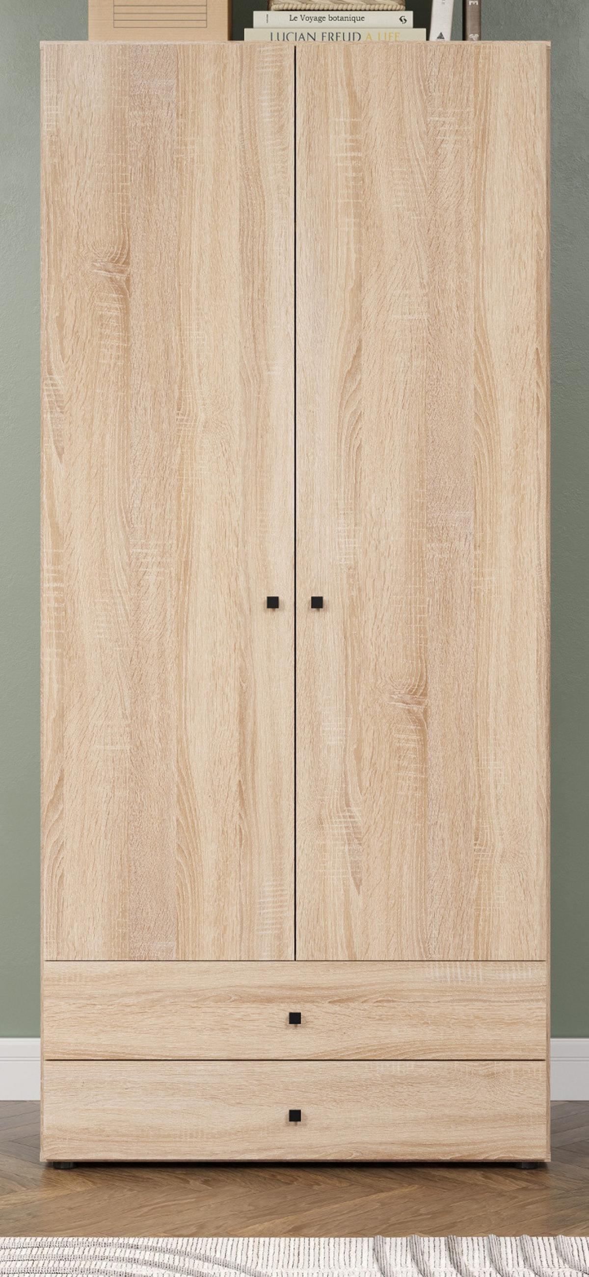 KLEIDERSCHRANK Eiche Sonoma hell 81 x 176 cm, Drehtürenschrank 2-türig mit Schubalden - Schwarz/Sonoma Eiche, Holzwerkstoff/Kunststoff (81/176/51cm) - Top.Furn