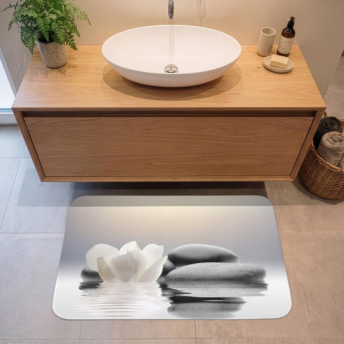 BADEMATTE Steine - Lotus - Weiß - Wasser - Zen 90x60 cm - Weiß, Textil (90/60cm) - OnlyWow