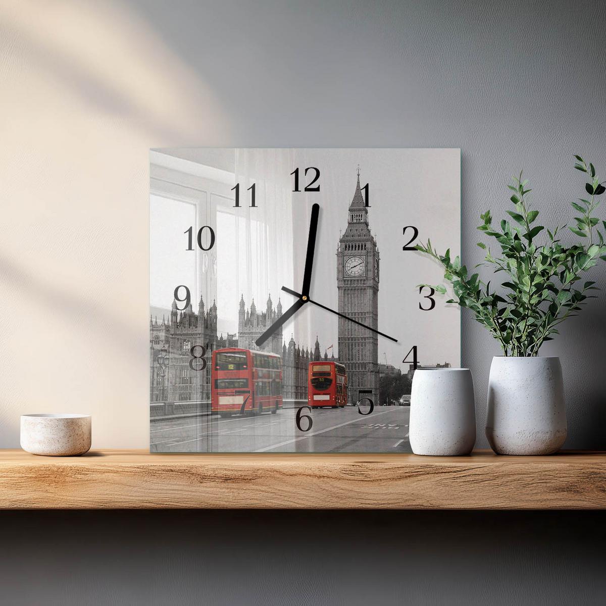 WANDUHR aus Glas 30x30 cm - London - Rot, Glas (30/30/0.4cm) - TULUP