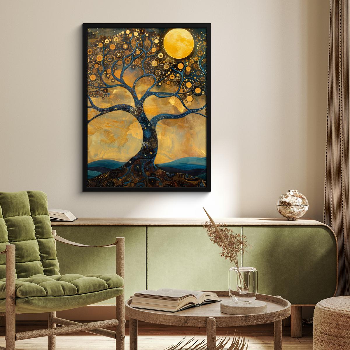 POSTER MIT RAHMEN Baum - Mond - Blumen - Gold - Kunst Posterleiste 60x80 cm - Orange, Papier (60/80cm) - MuchoWow