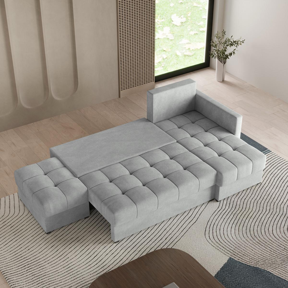 ECKSOFA LUMARI R-S Hellgrau Plüsch-Stoff mit Schlaffunktion - Hellgrau, Holz (262/143cm) - MASSENO