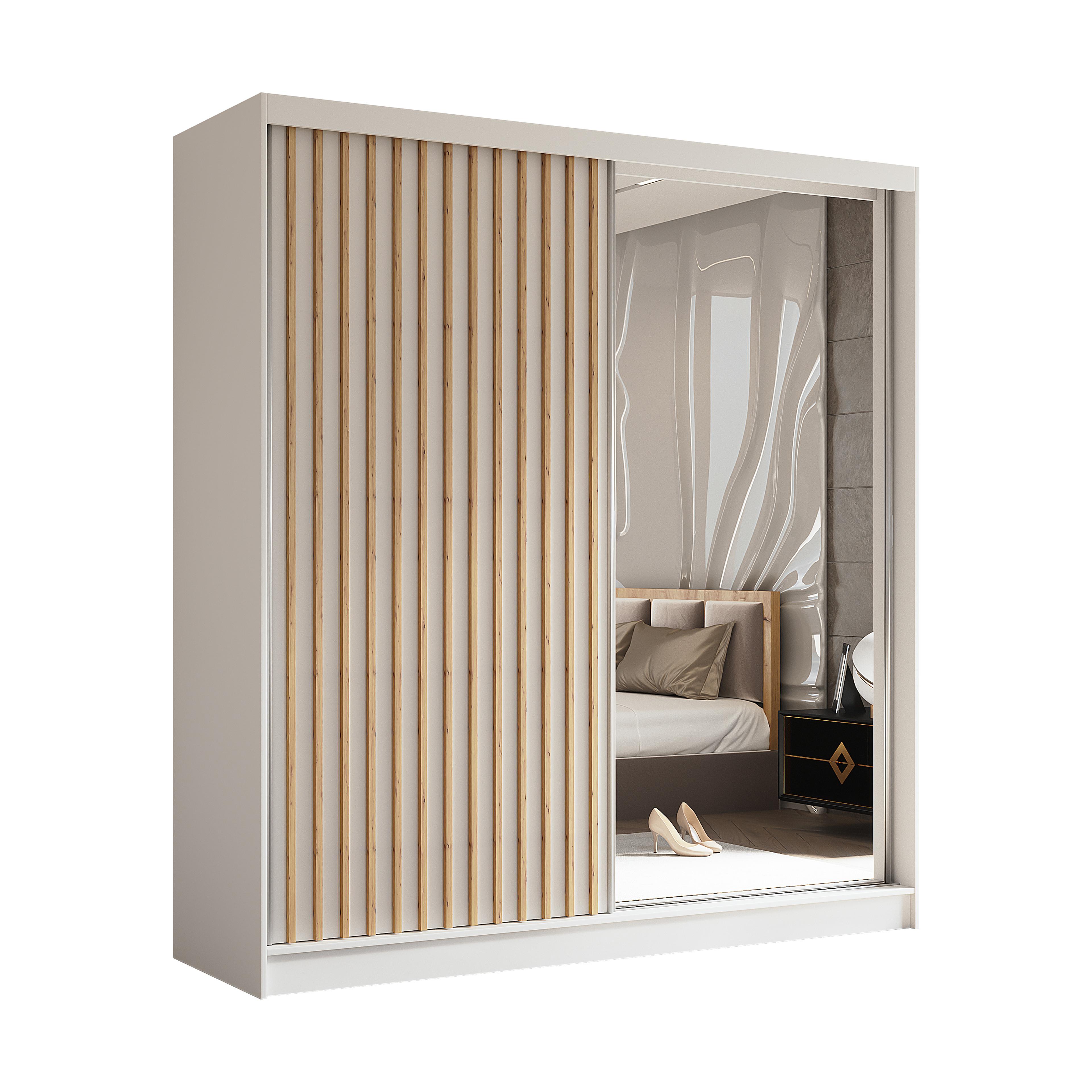 SCHWEBETÜRENSCHRANK Cabinio Weiß Eiche Artisan 200/216/61 cm – mit Spiegel und Lamellen - Walnussfarben/Weiß, Holzwerkstoff/Kunststoff (200/216/61cm) - AX Living