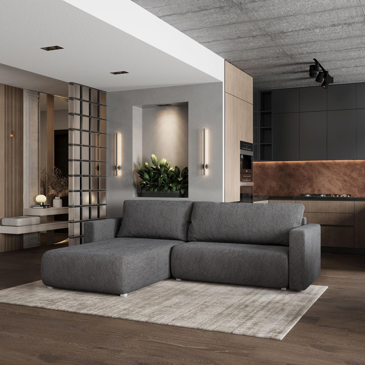 ECKSOFA TURIN N Grau Bucle-Stoff mit Schlaffunktion - Grau, Holz/Kunststoff (265/183cm) - MASSENO