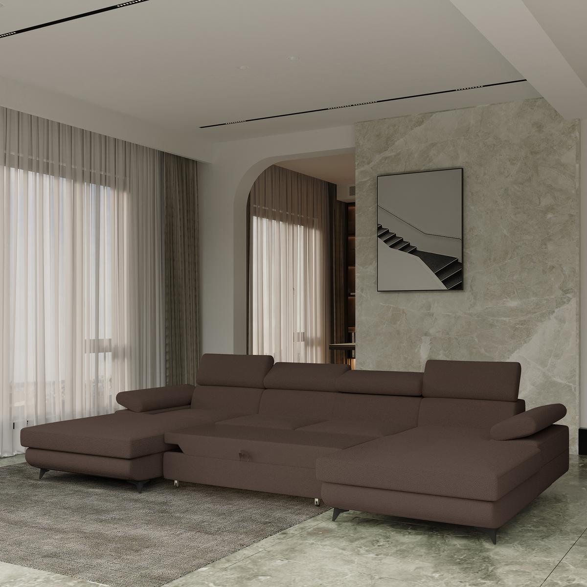 WOHNLANDSCHAFT DETTI Braun Boucle-Stoff mit Schlaffunktion - Braun, Holz (339/89/190cm) - MASSENO