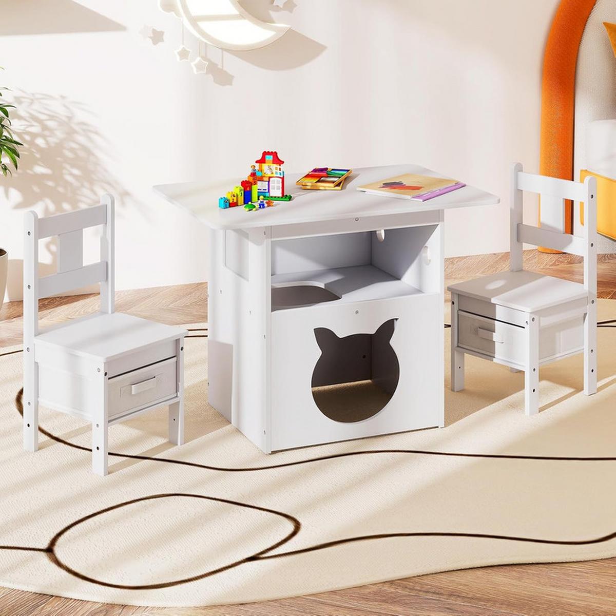 KINDERTISCH mit stuhl weiß(3-tlg) - Weiß, Holzwerkstoff (80/59/52cm) - COSTWAY