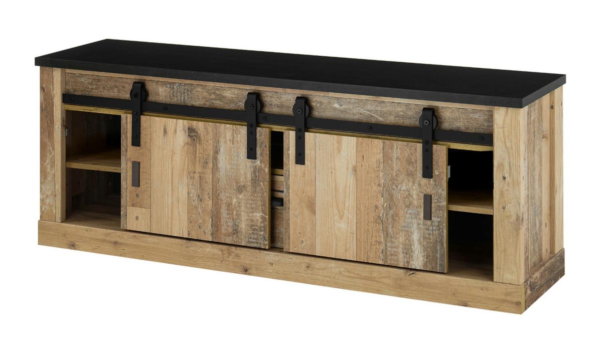 WOHNWAND Used Wood hell, anthrazit 4-teilig 388 cm, Schrankwand mit Soft-Close - Anthrazit/Schwarz, Glas/Holzwerkstoff (388/201/43cm) - Furn.Design
