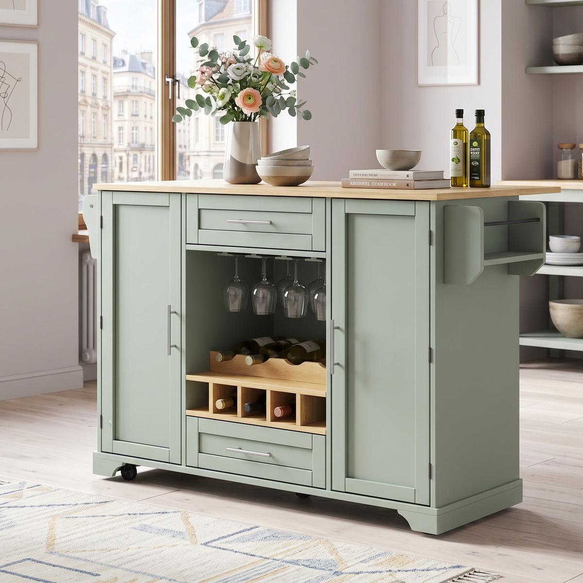 KÜCHENINSEL Antique Green Mit Klapptisch, Weinregal & Rollen - Waldgrün, Holzwerkstoff (138/92/70cm) - Urban Meuble